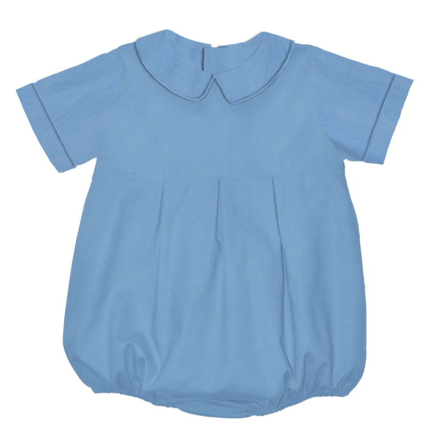 Blue baby romper with a collar on a white background