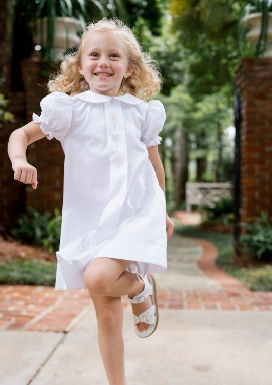 Lullaby Set Bluebonnet Dress, Classic White with Flower Embroidery