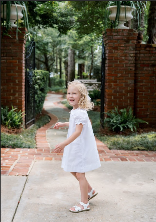 Lullaby Set Bluebonnet Dress, Classic White with Flower Embroidery