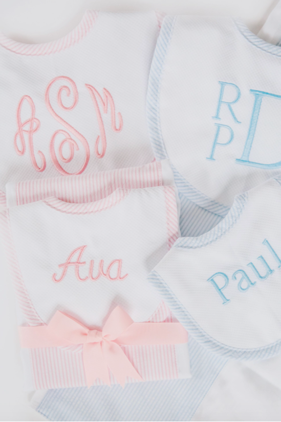 3 Martha's Seersucker Stripe Drooler Bib & Burp Set