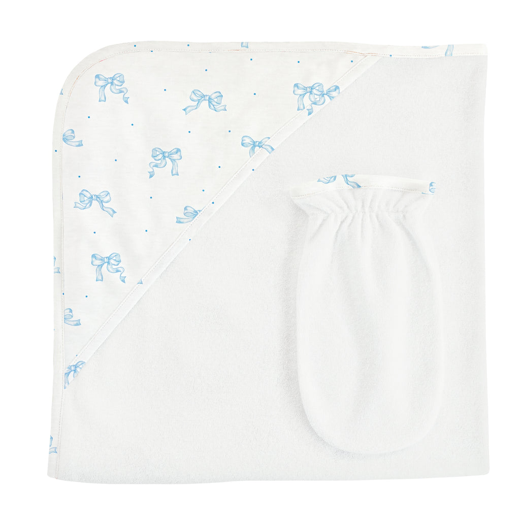 Baby Club Chic Pretty Bows Blue Hooded Towel with Mitt