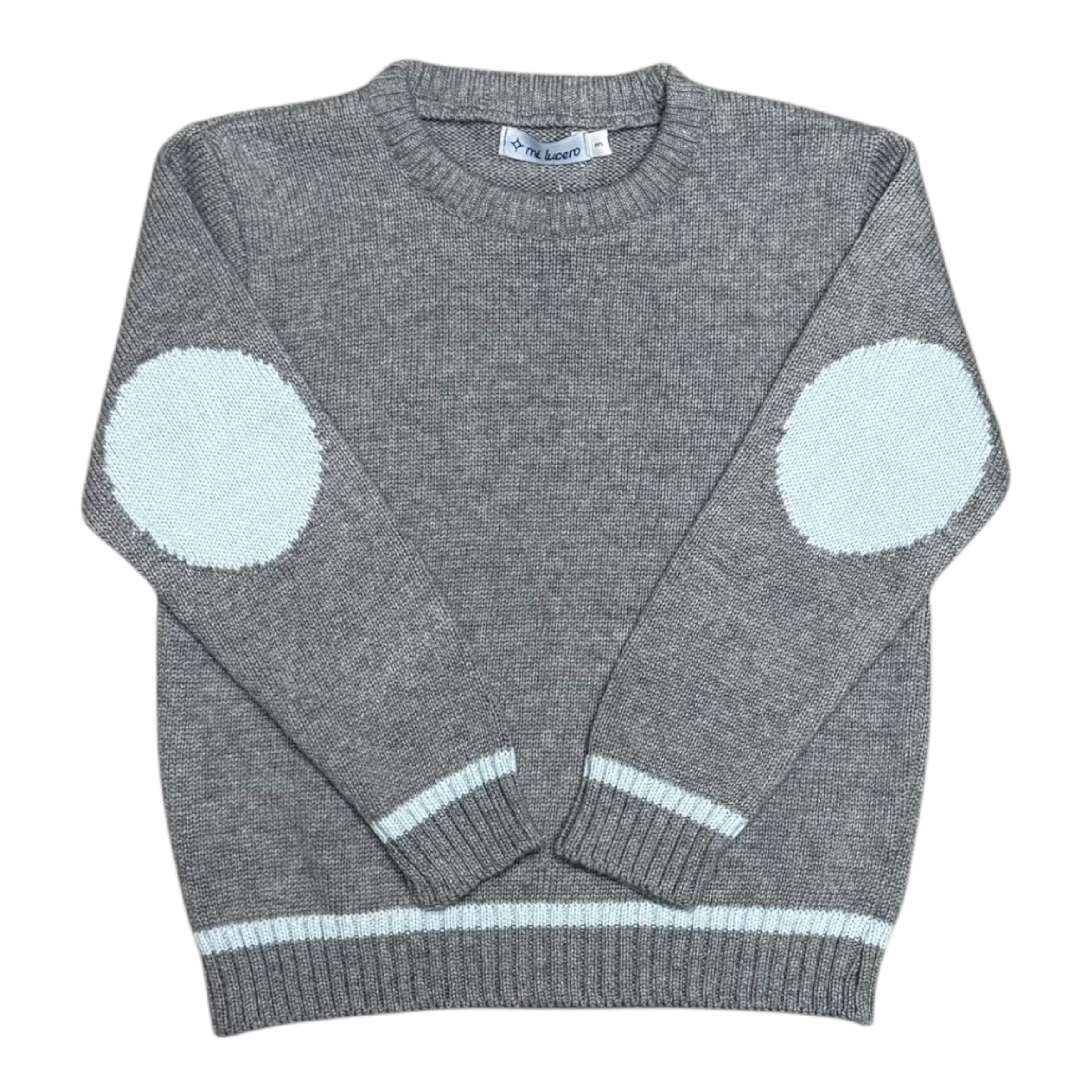 Mi Lucero Elbow Patch Crewneck, Grey/Light Blue