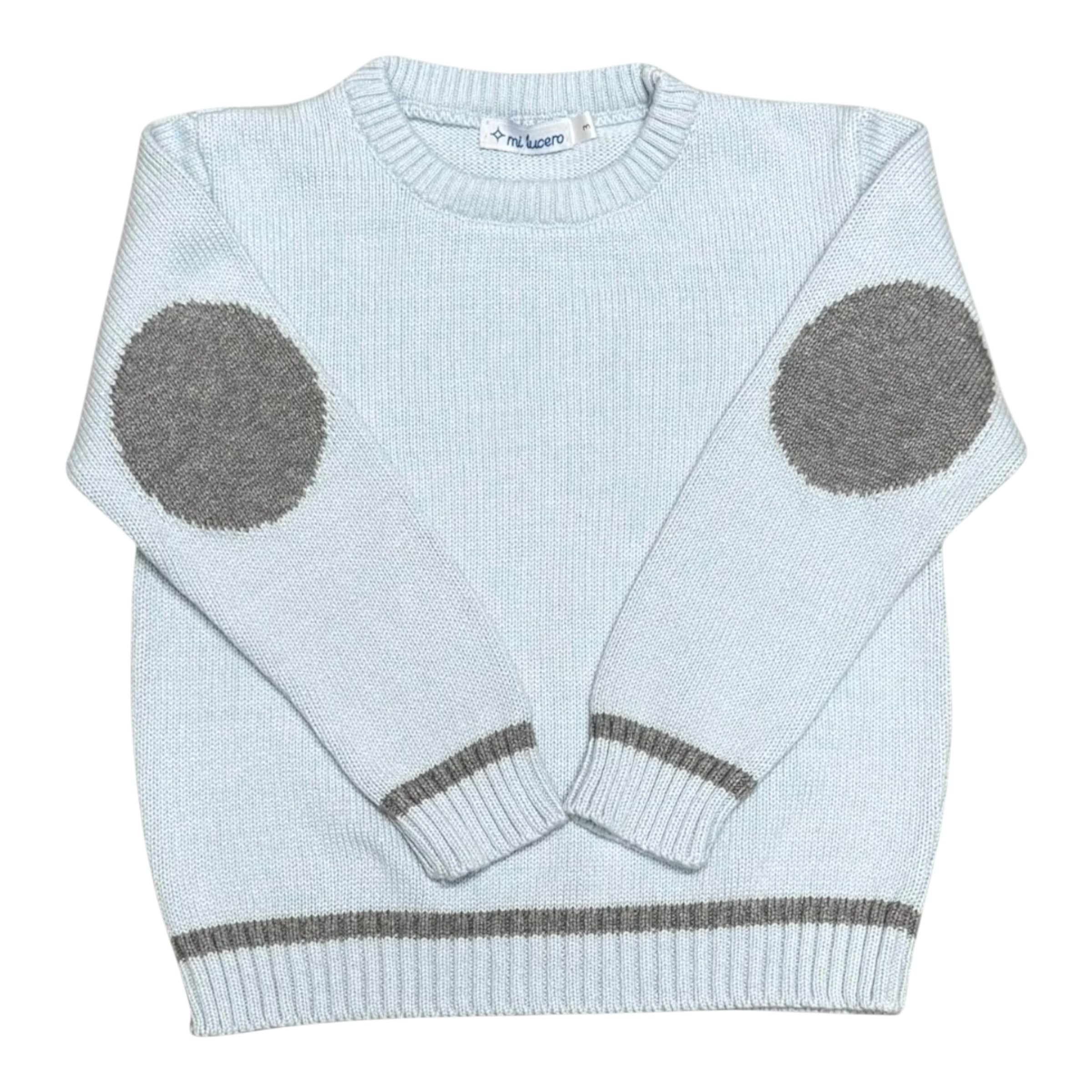Mi Lucero Elbow Patch Crewneck, Light Blue/Grey