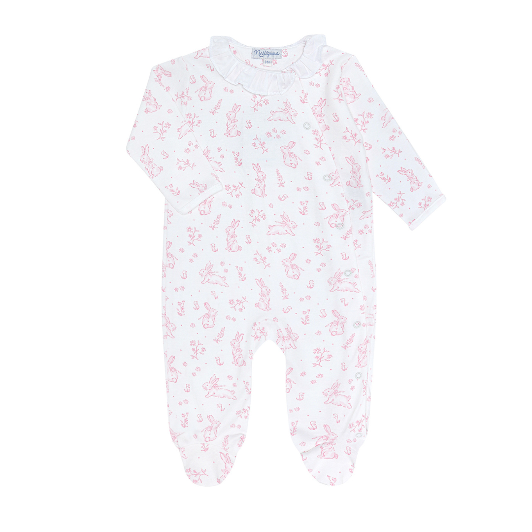 Nella Pima Pink Bunny Toile Crossover Footie