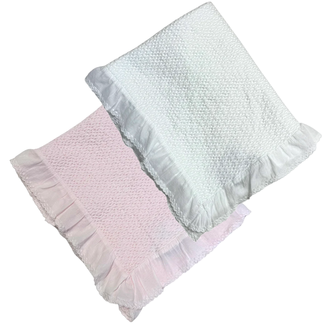A Soft Idea Stonewashed Puckered Blanket with Dotted Swiss Ruffle