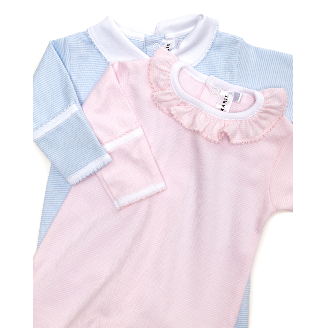 Milly Marie Stripe Collared Pima Footie, Light Blue Mini Stripe