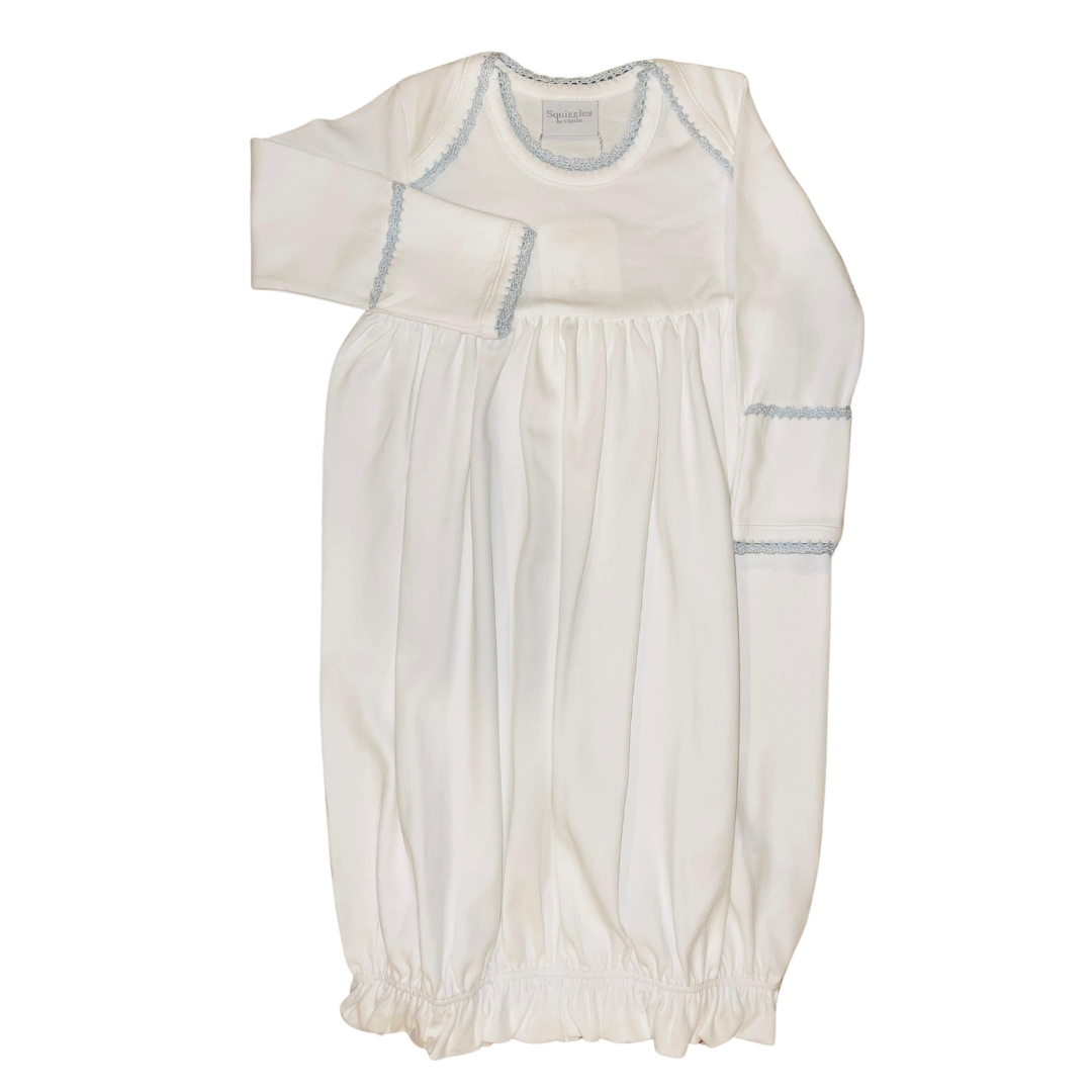 Squiggles Crochet Lap Gown- White w/ blue trim