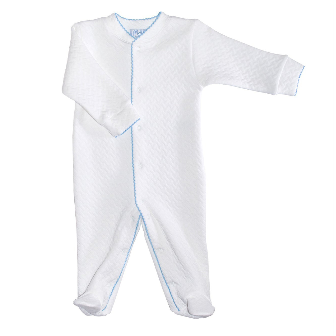 Nella Pima Basket Weave Baby Footie, Blue Picot Trim