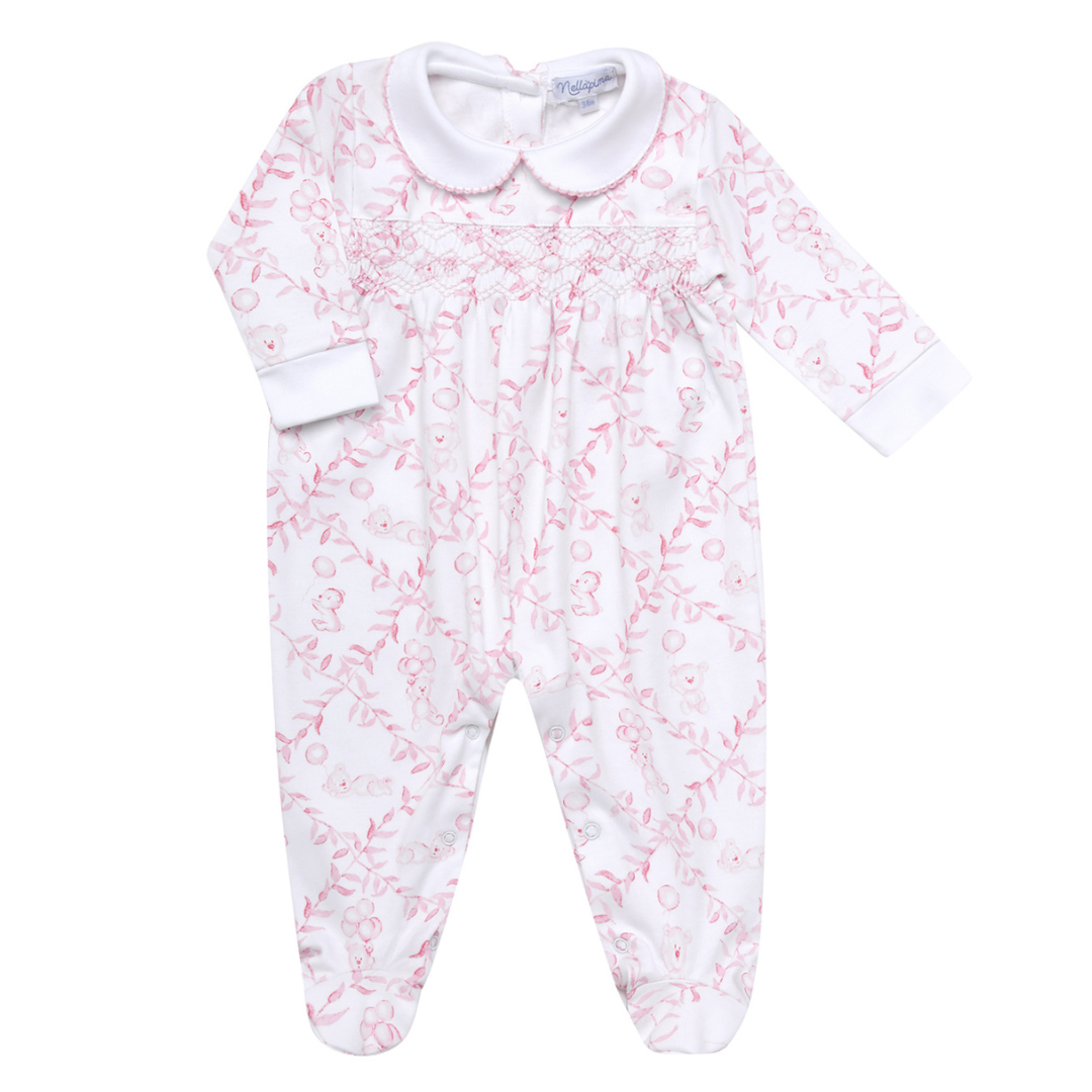Nella Pima Pink Bears Trellace Smocked Footie