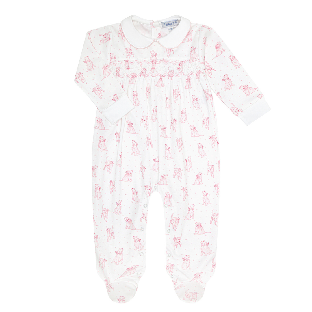 Nella Pima Pink Puppy Love Print Smocked Footie
