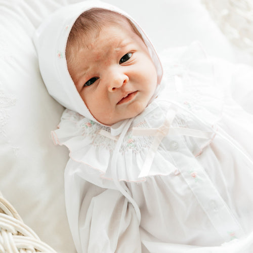 Feltman Brothers Ribbon Ruffle Smocked Take Me Home Gown with Bonnet