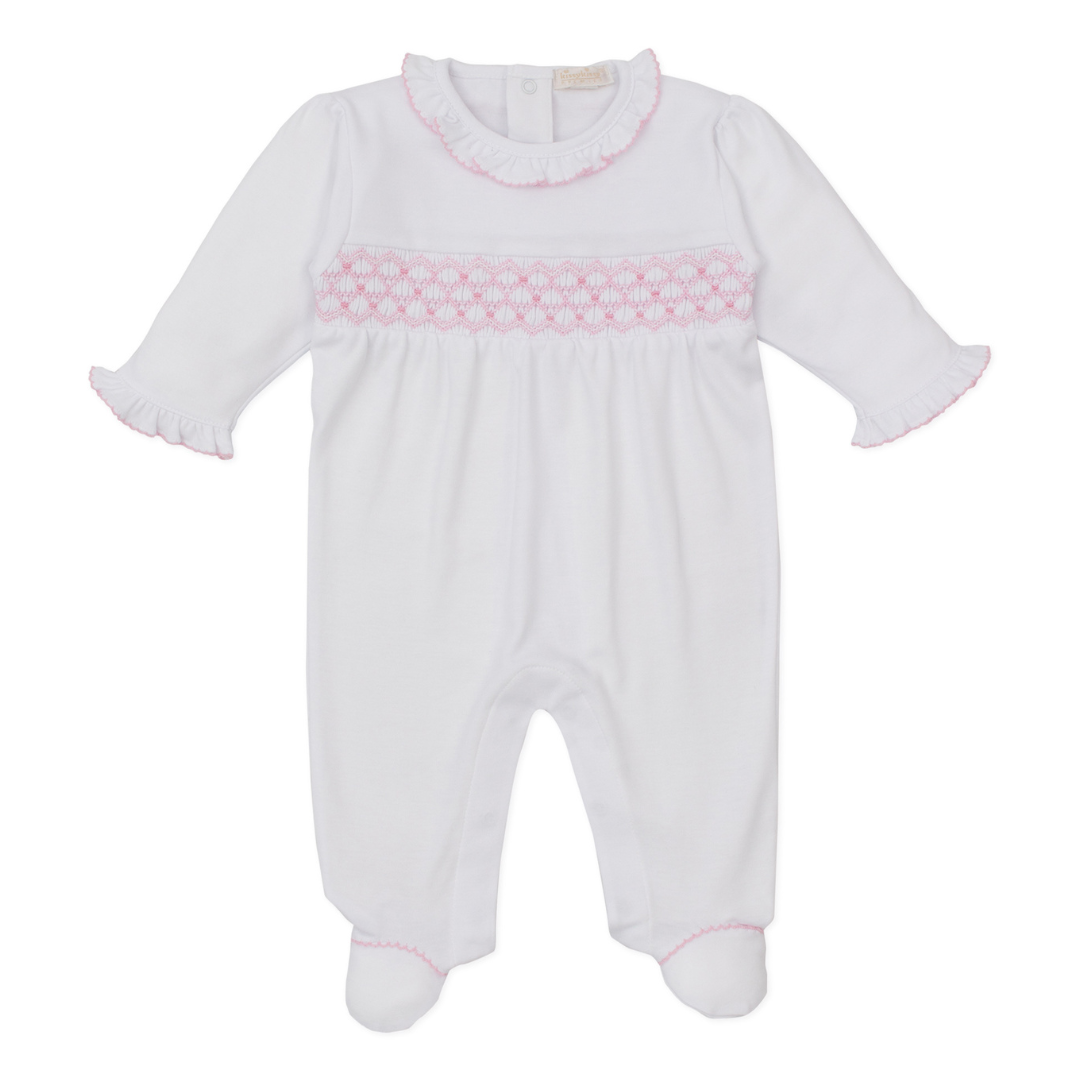 Kissy Kissy Footie with CLB Diamond Smocking, White with Pink