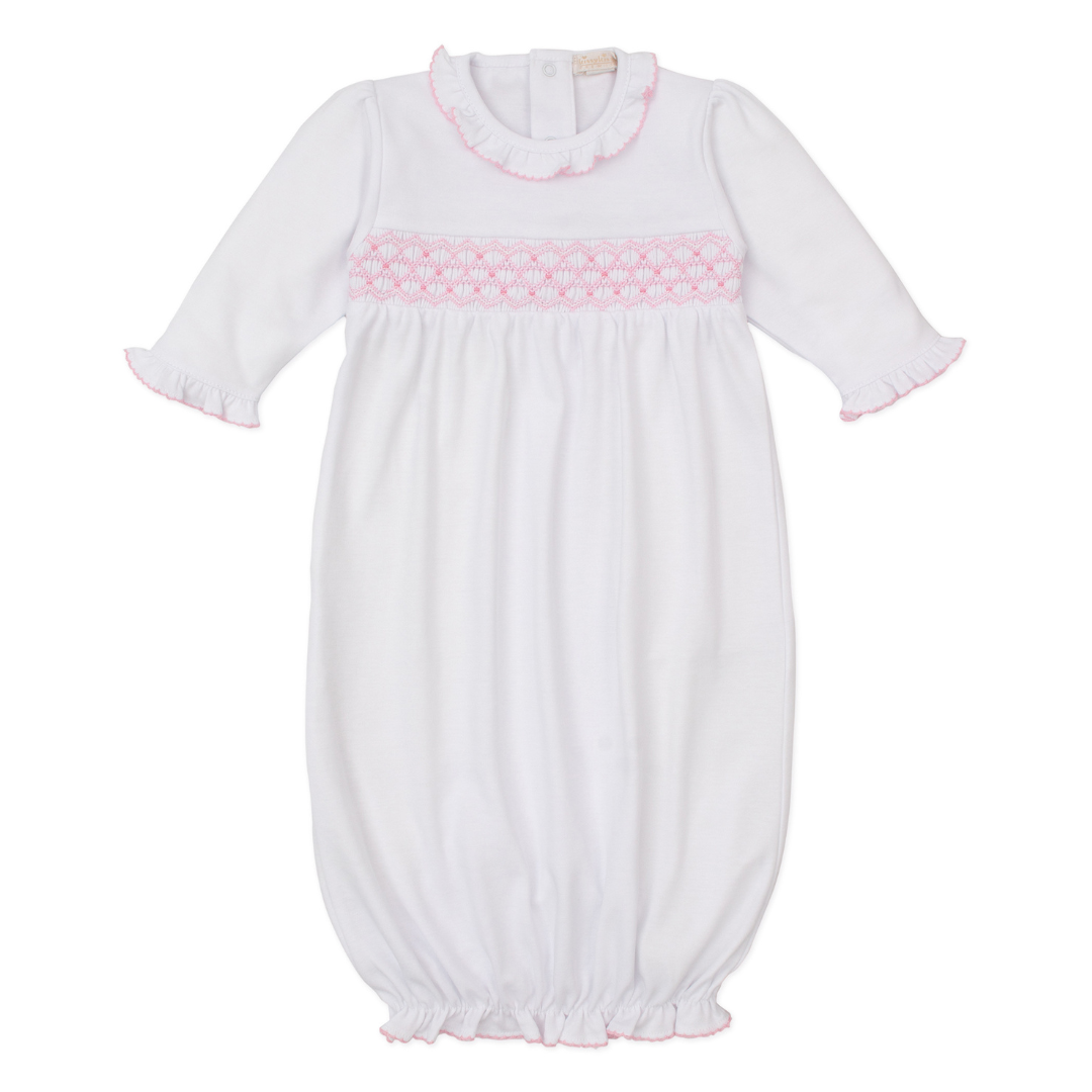 Kissy Kissy Sack with CLB Diamond Hand Smocking, White with Pink