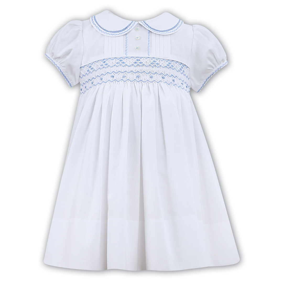 Sarah Louise White Dress with Blue Feather Stitch Embroidery