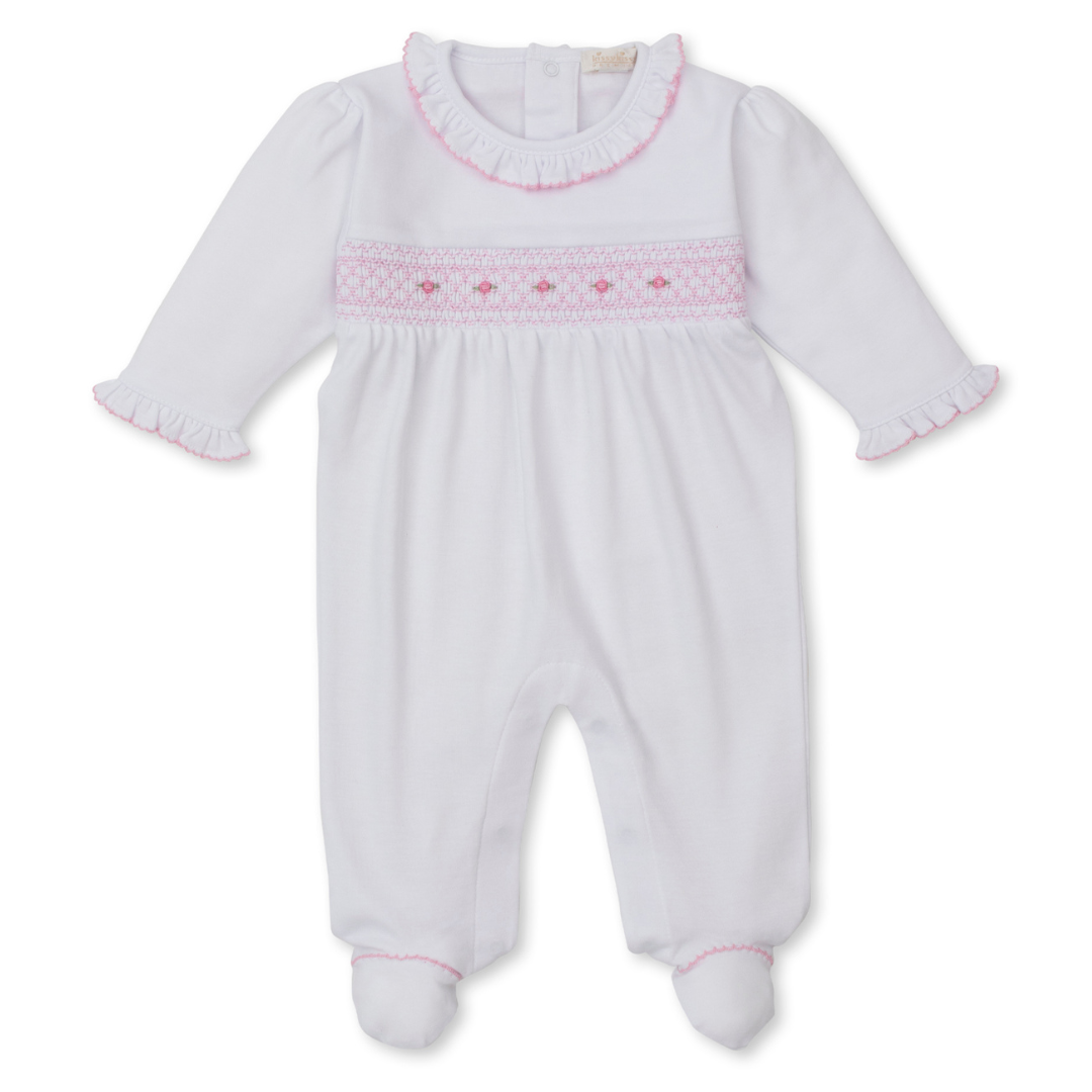 Kissy Kissy White Footie with CLB Diamond Rosette Hand Smocking