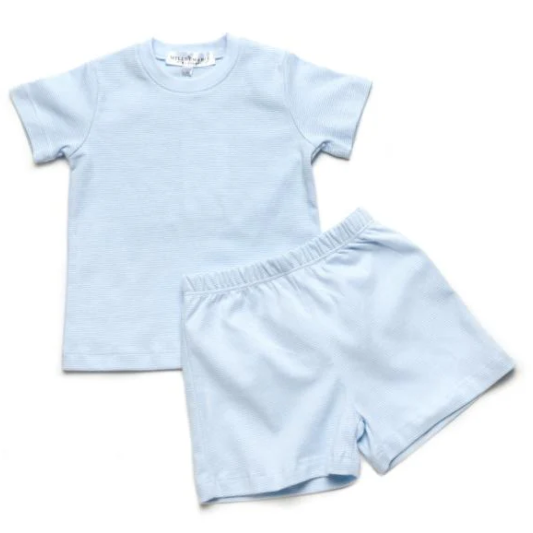 Milly Marie Short Sleeve Pima Short Set, Light Blue Mini Stripe