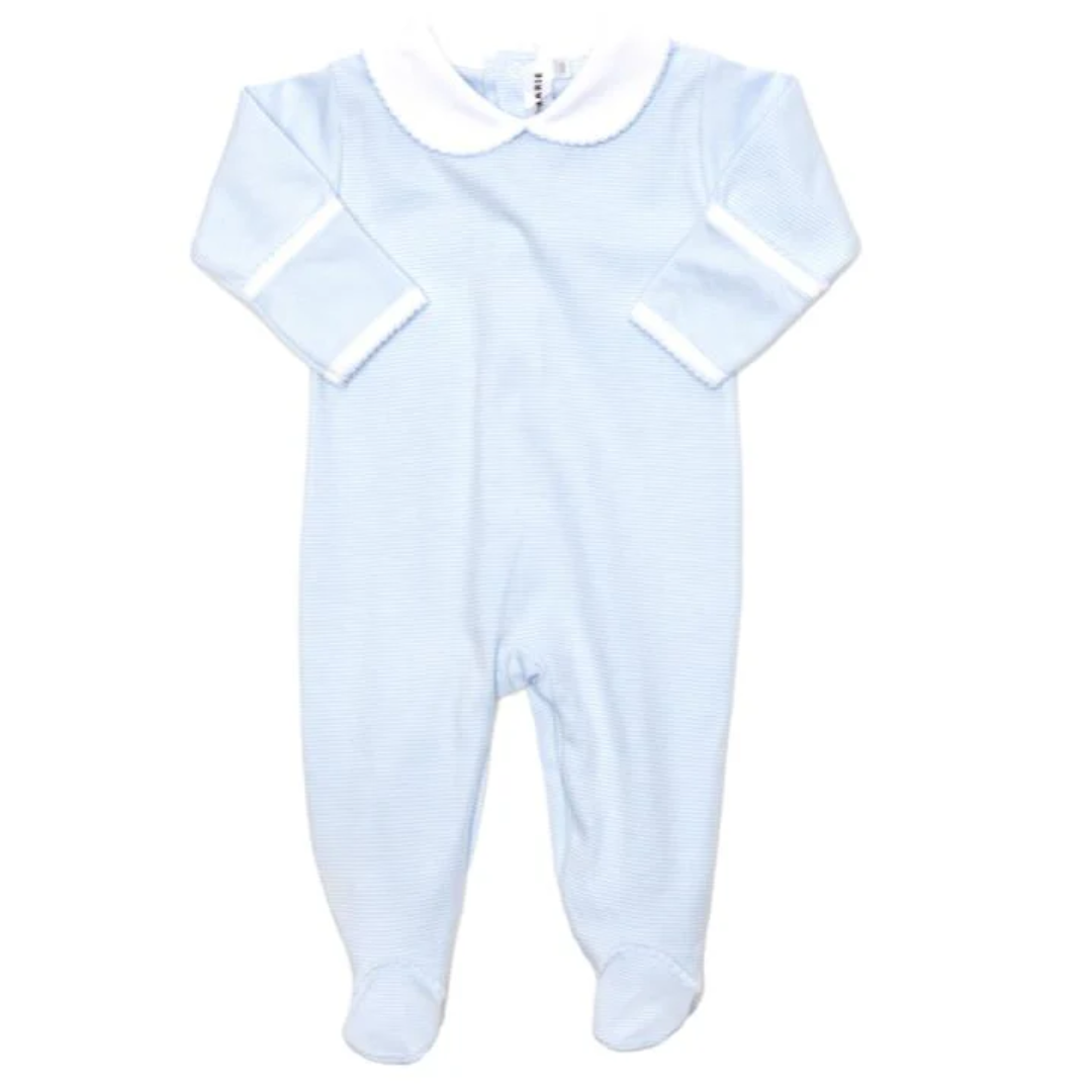 Milly Marie Stripe Collared Pima Footie, Light Blue Mini Stripe