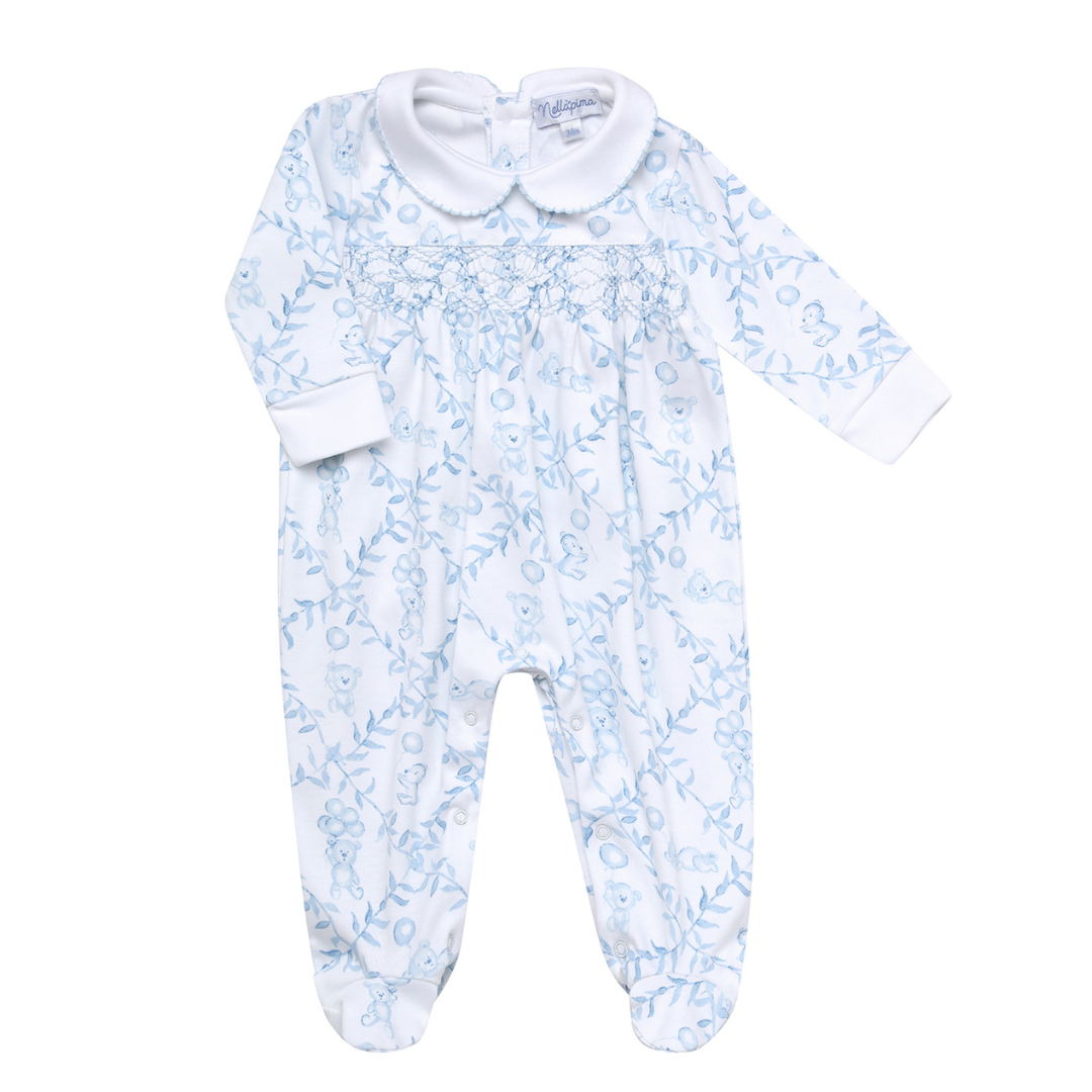 Nella Pima Blue Bears Trellace Smocked Footie