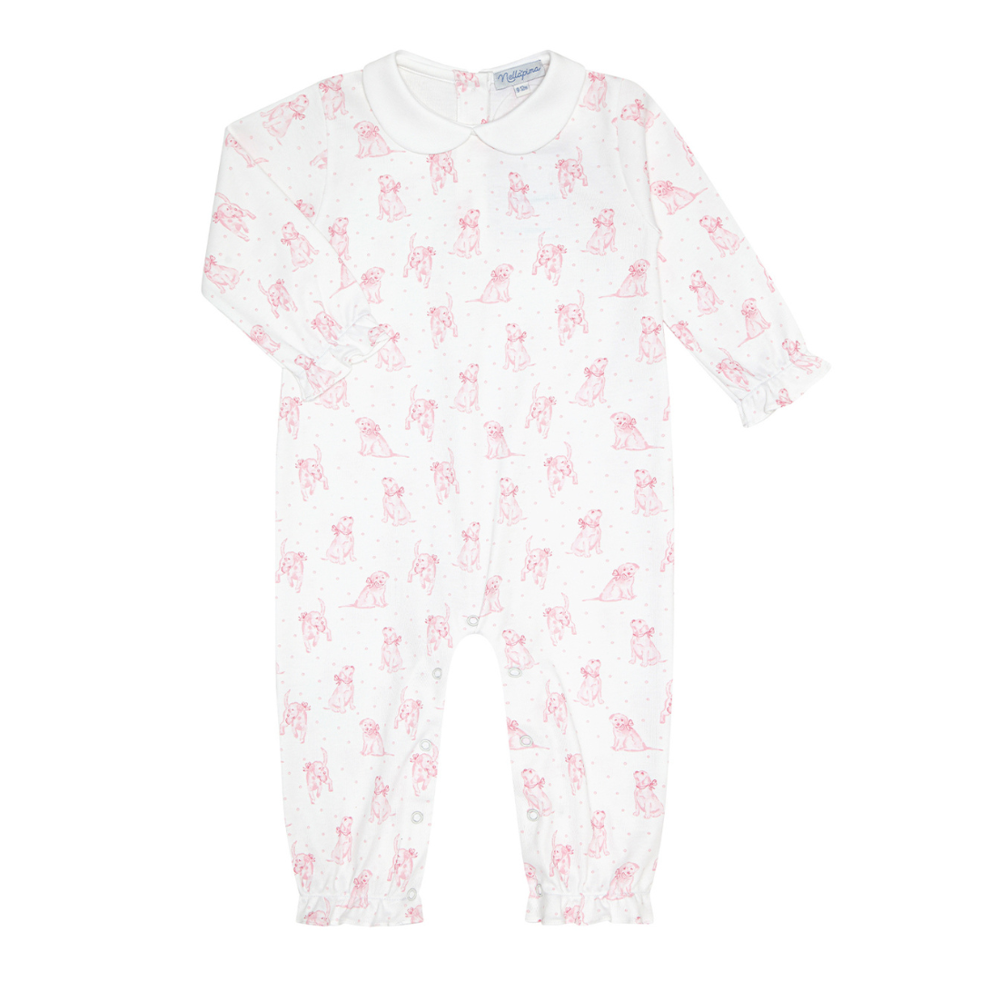 Nella Pima Pink Puppy Love Print Romper Long Sleeve