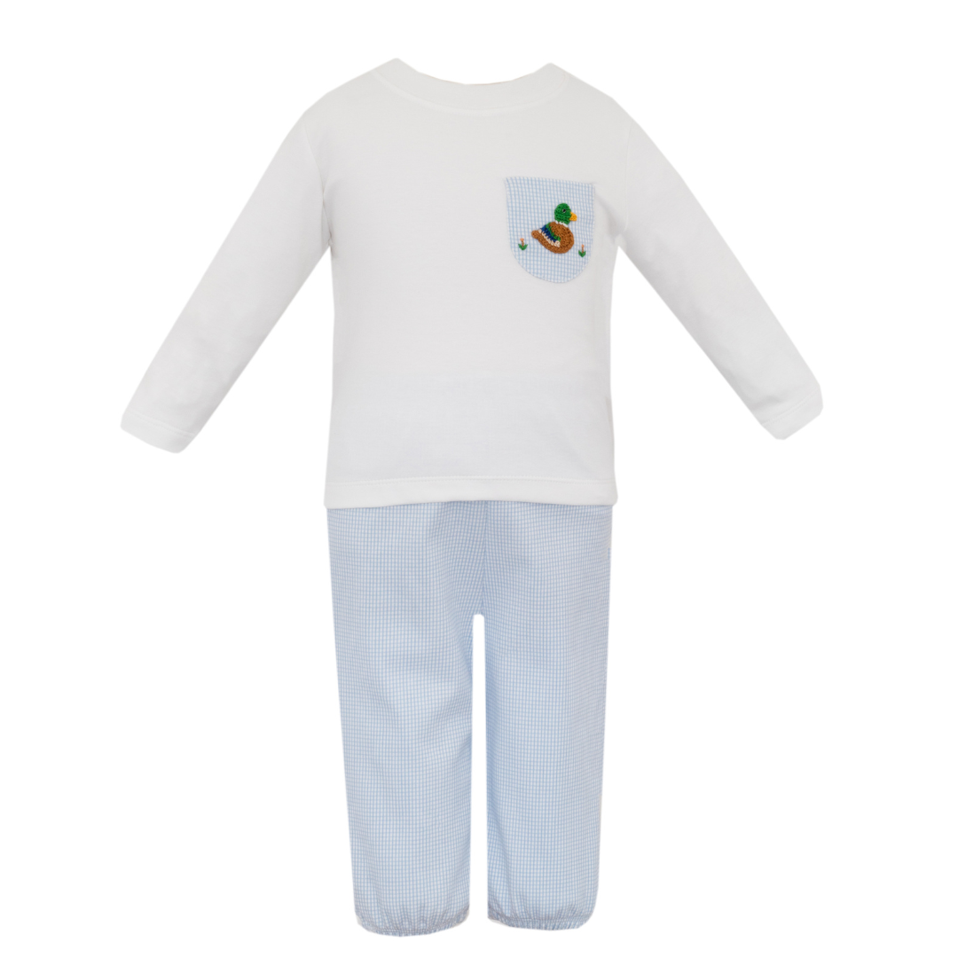 Petit Bebe Mallard Duck Blue Check Knit Pant Set