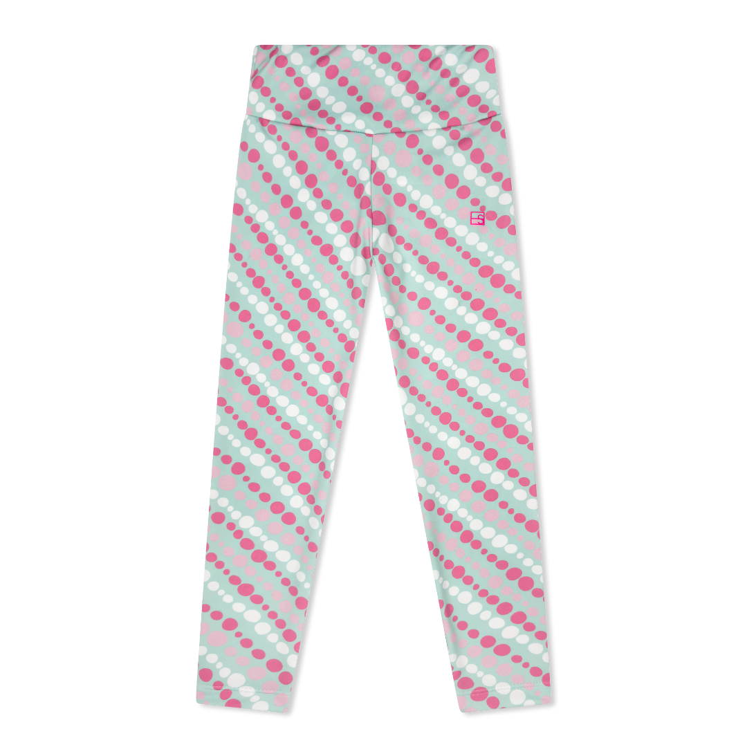 Turquoise leggings with pink and white pattern on a white background
