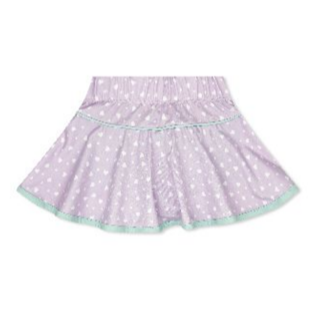 Purple heart print skirt with mint trim on a white background