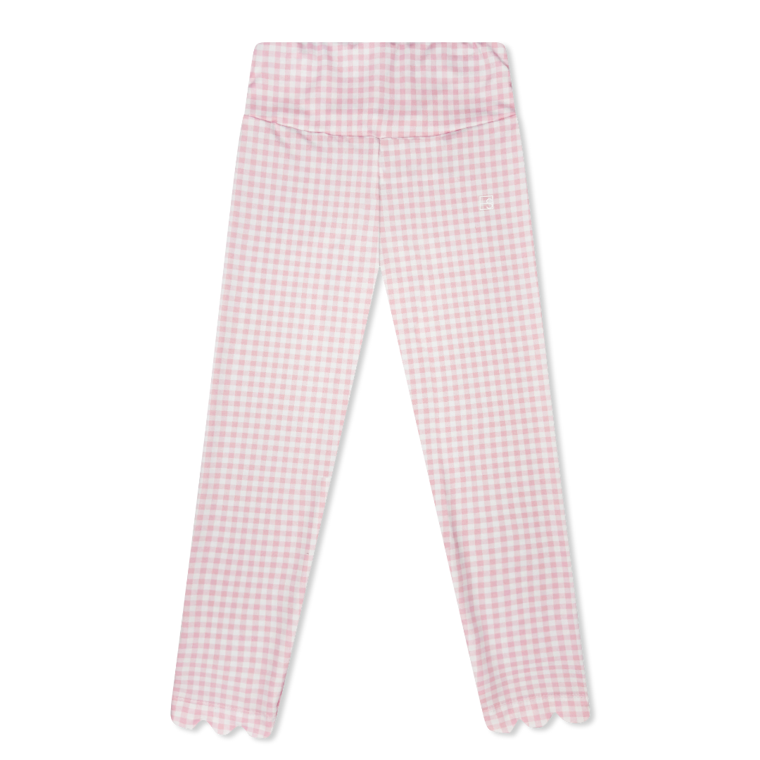 Pink gingham check pants on a white background