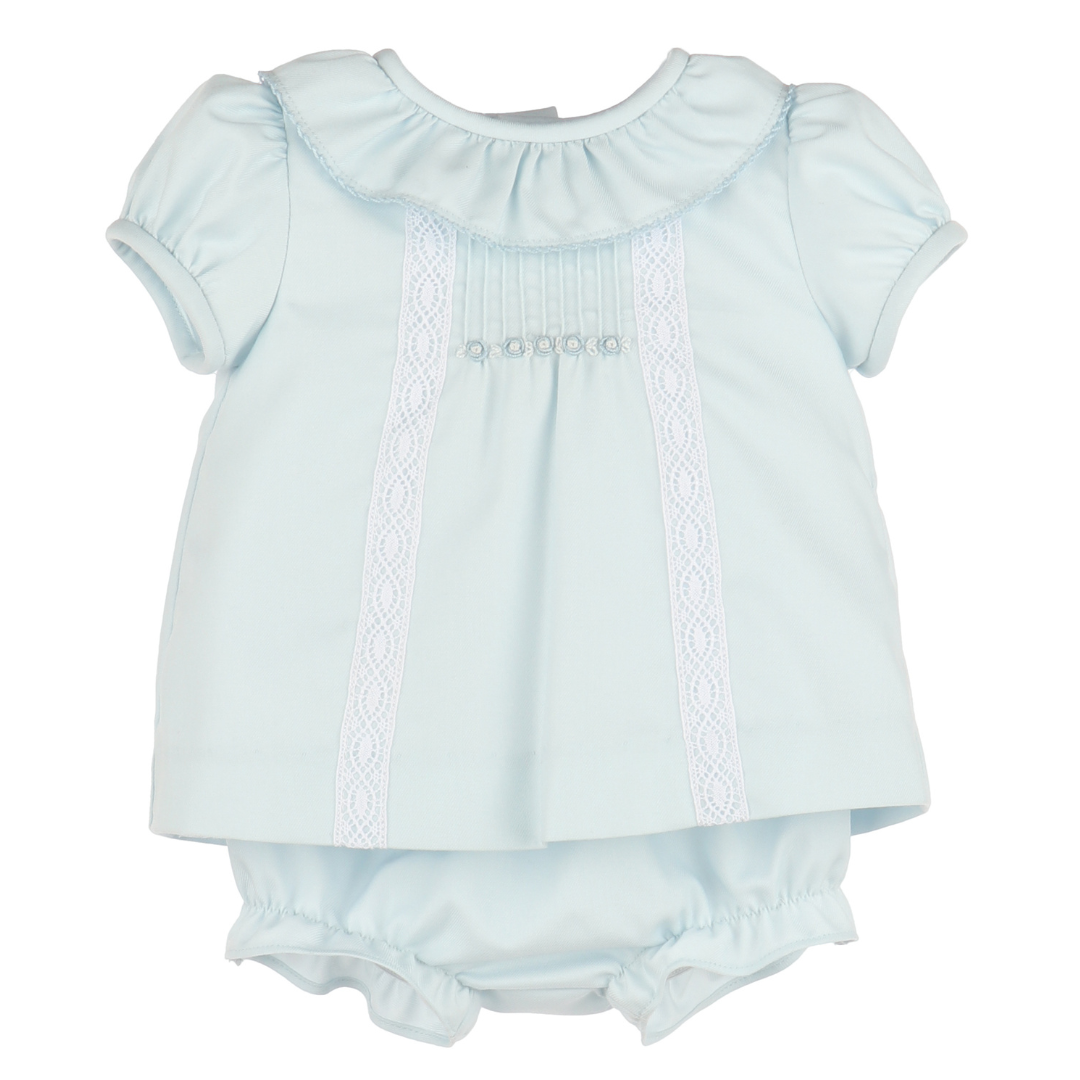 Light blue baby outfit with a top and bloomers on a white background