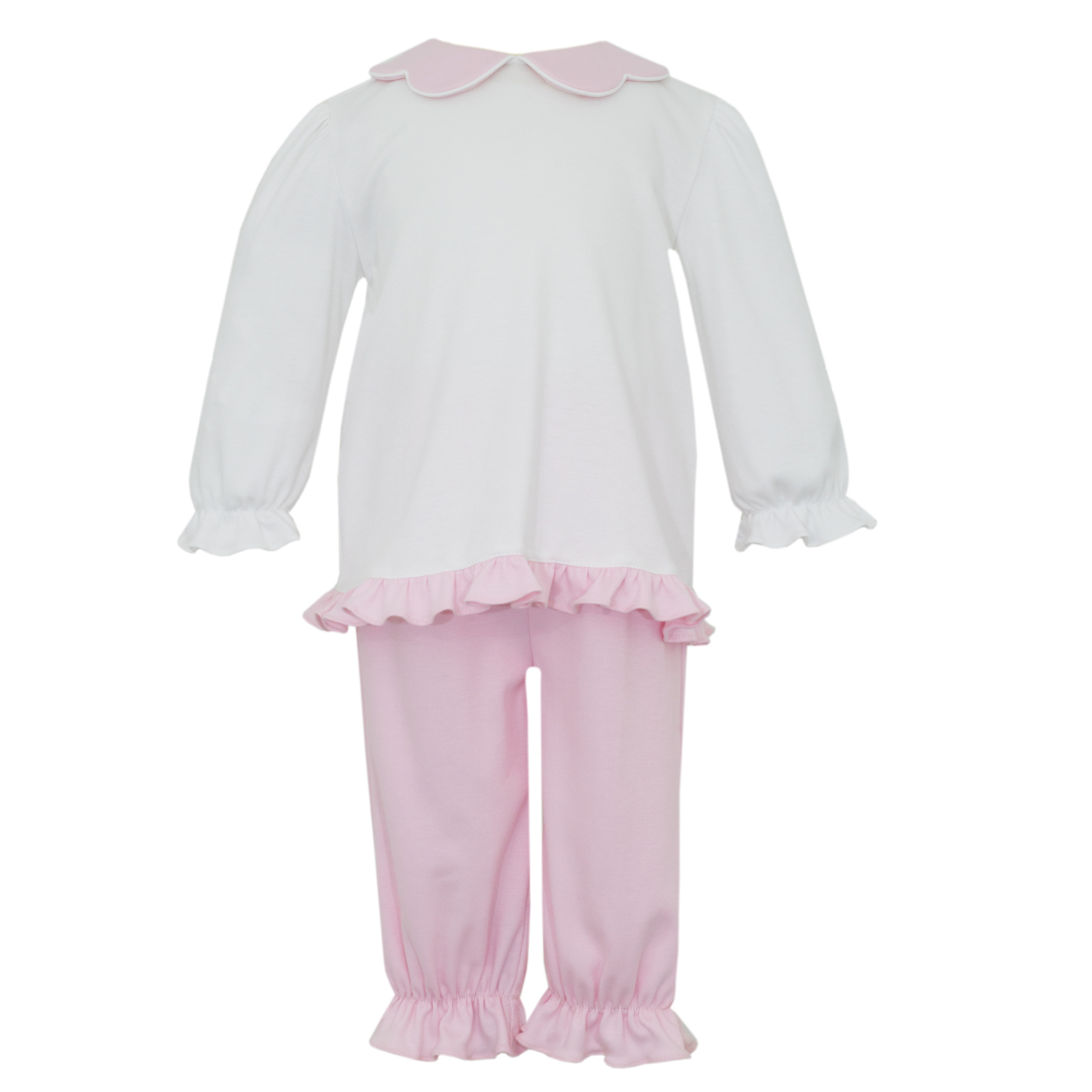 Petit Bebe Pink Knit Pant Set with Scalloped Collar