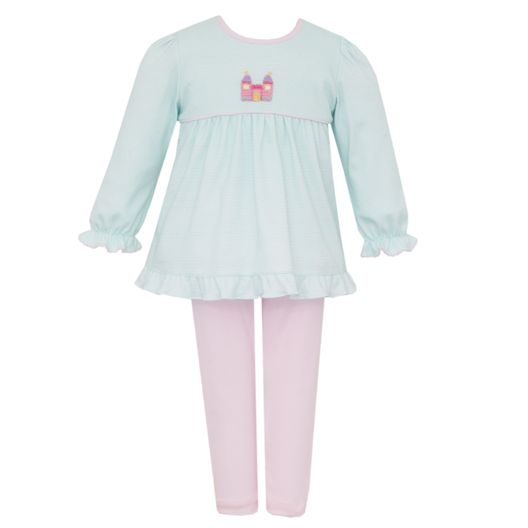 Petit Bebe Princess Castle Aqua Stripe Knit Tunic Set
