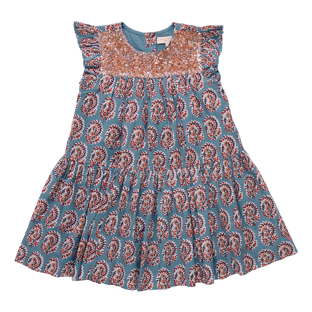 Pink Chicken Fiona Ruffle Dress, Blue Paisley
