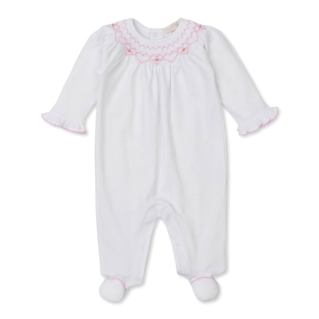 Kissy Kissy Footie with CLB Heart Smocking, White with Pink