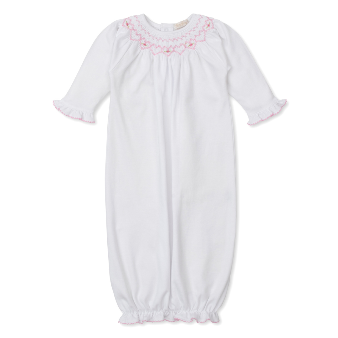 Kissy Kissy Sack with CLB Heart Smocking, White with Pink