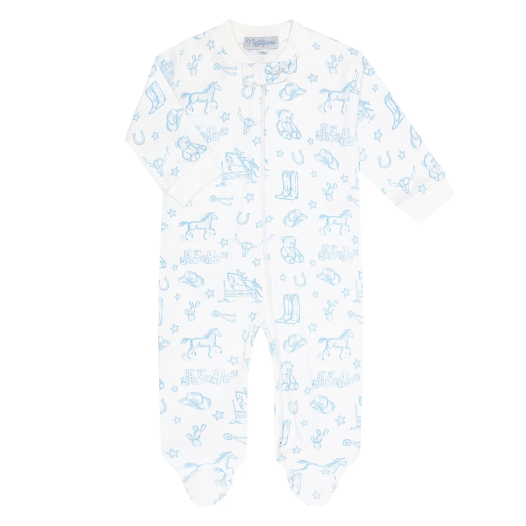 Nella Pima Blue Lone Star Toile Zipper Footie