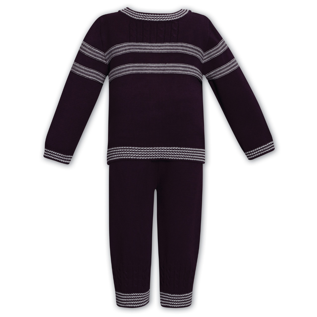 Sarah Louise Cable Knit Striped Knit Set, Navy