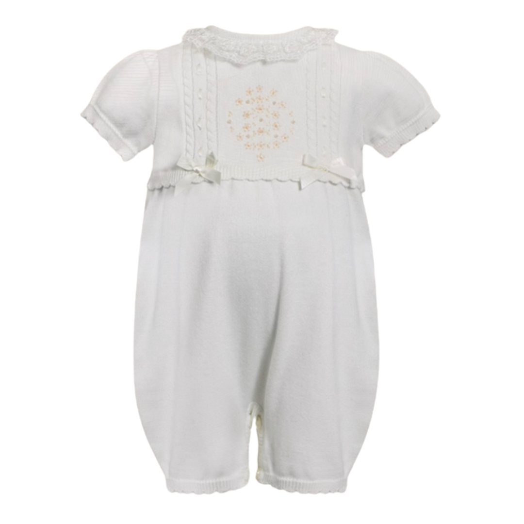 Sarah Louise Heritage Knit Romper and Bonnet, Ivory and Peach
