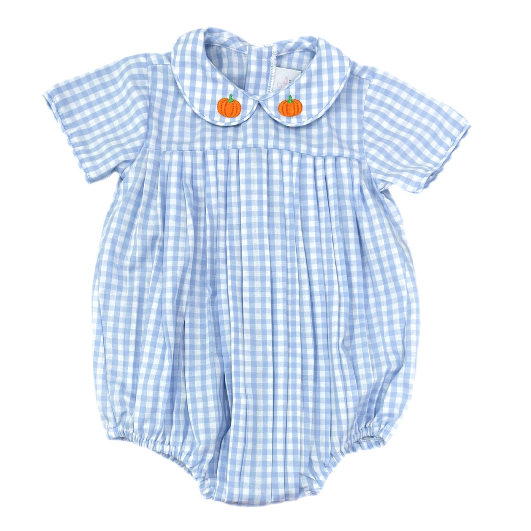 James & Lottie Finn Blue Gingham Bubble with Pumpkins on Collar