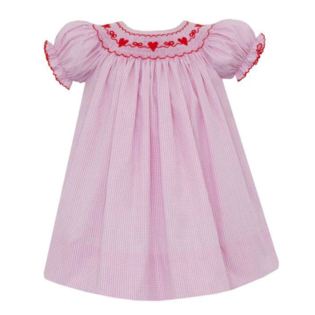 Petit Bebe Bows and Hearts Pink Gingham Bishop