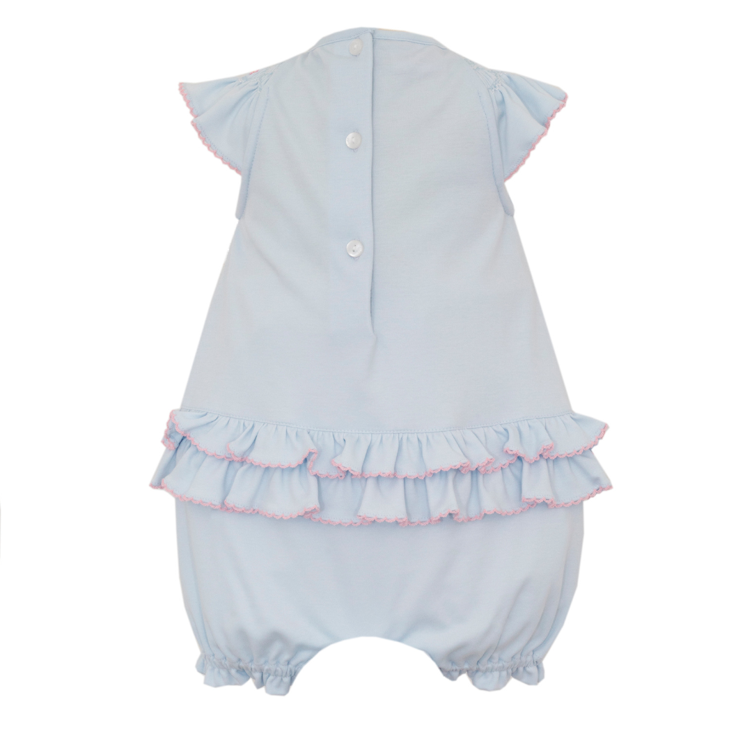 Petit Bebe Girls Blue Poplin Smocked Angel Wing Bishop Bubble 18M