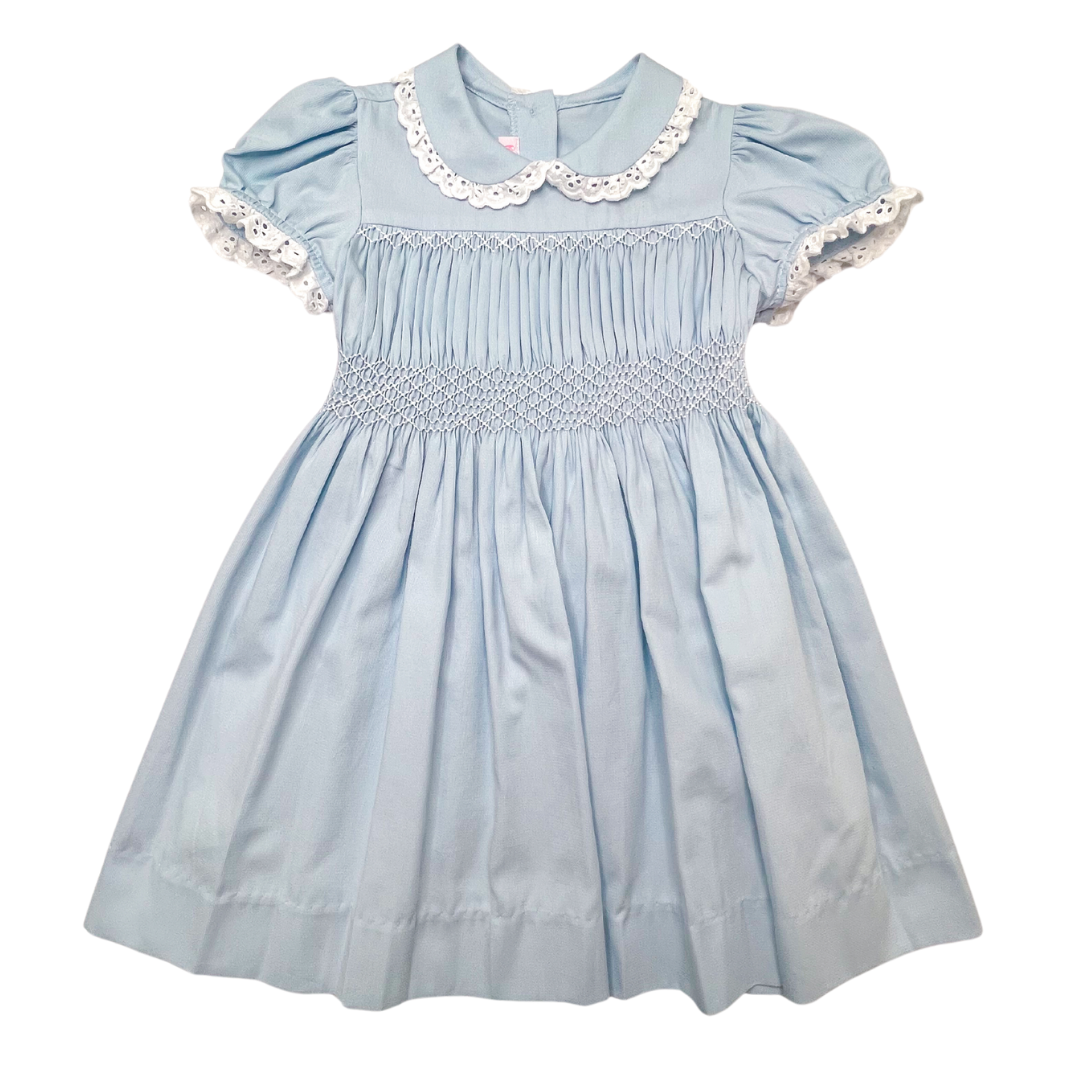 Percy & Tyne Smocked Polly Dress, Blue Rib with White