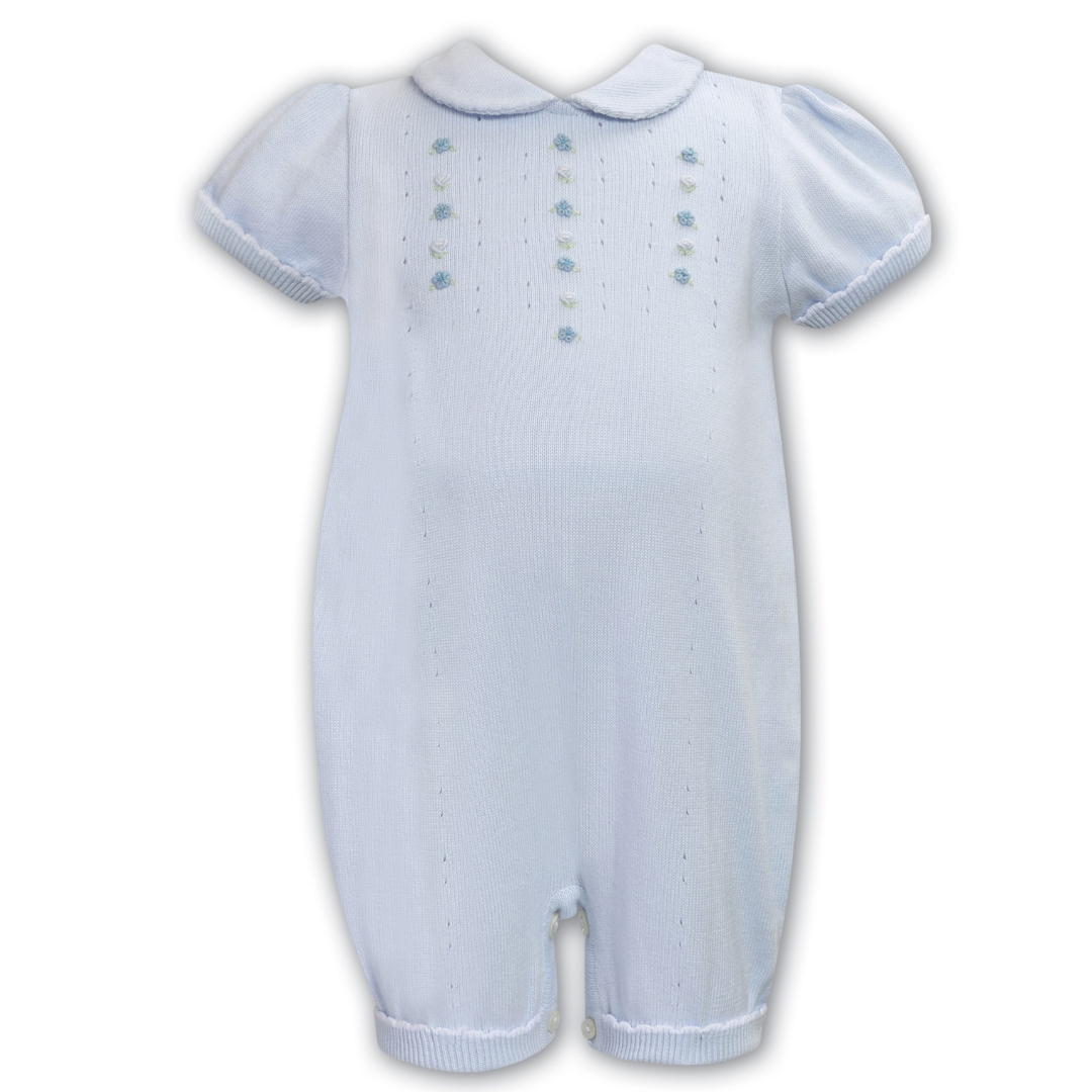 Sarah Louise Blue Floral Embroidered Knit Romper