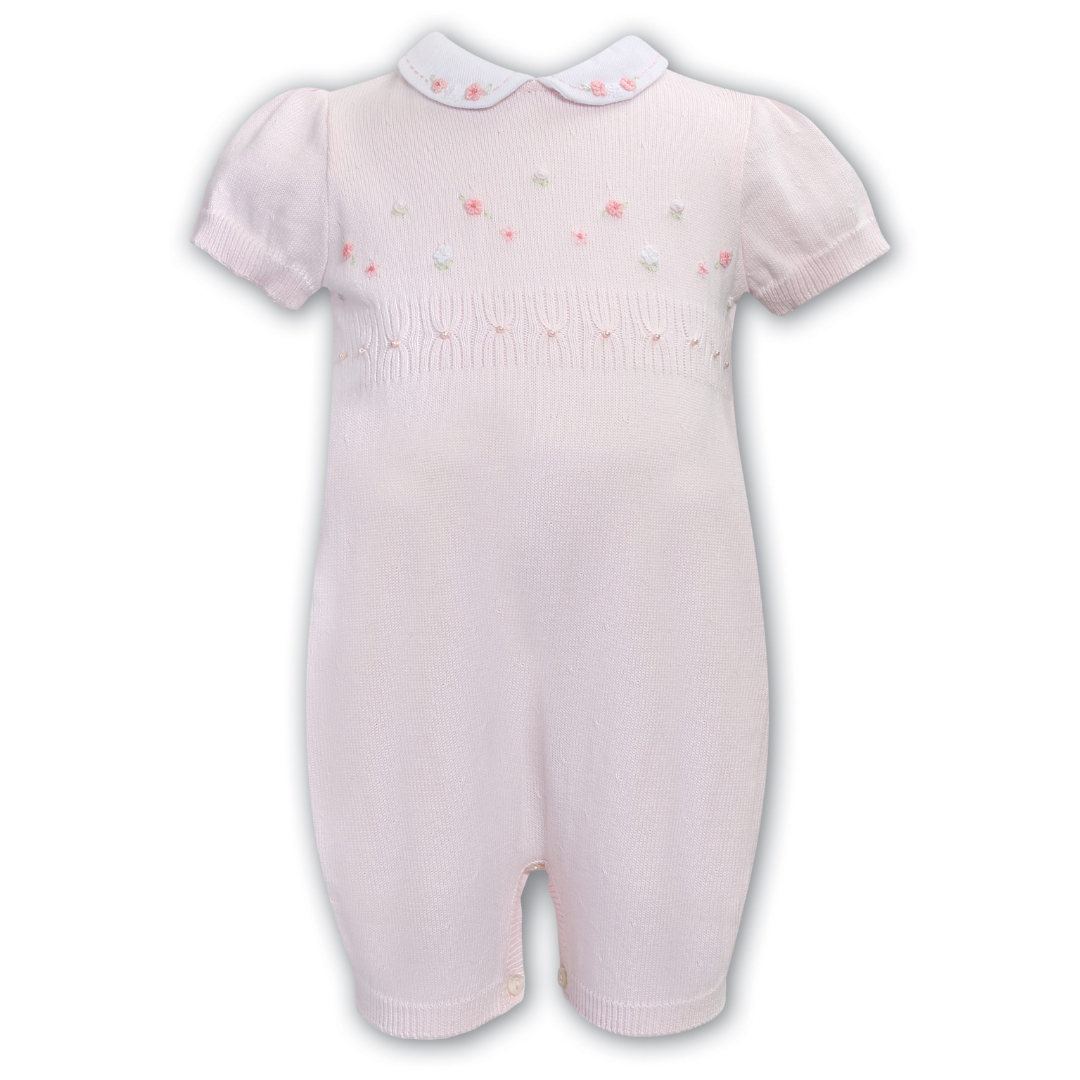 Sarah Louise Pink Pearl & Floral Embroidered Knit Romper