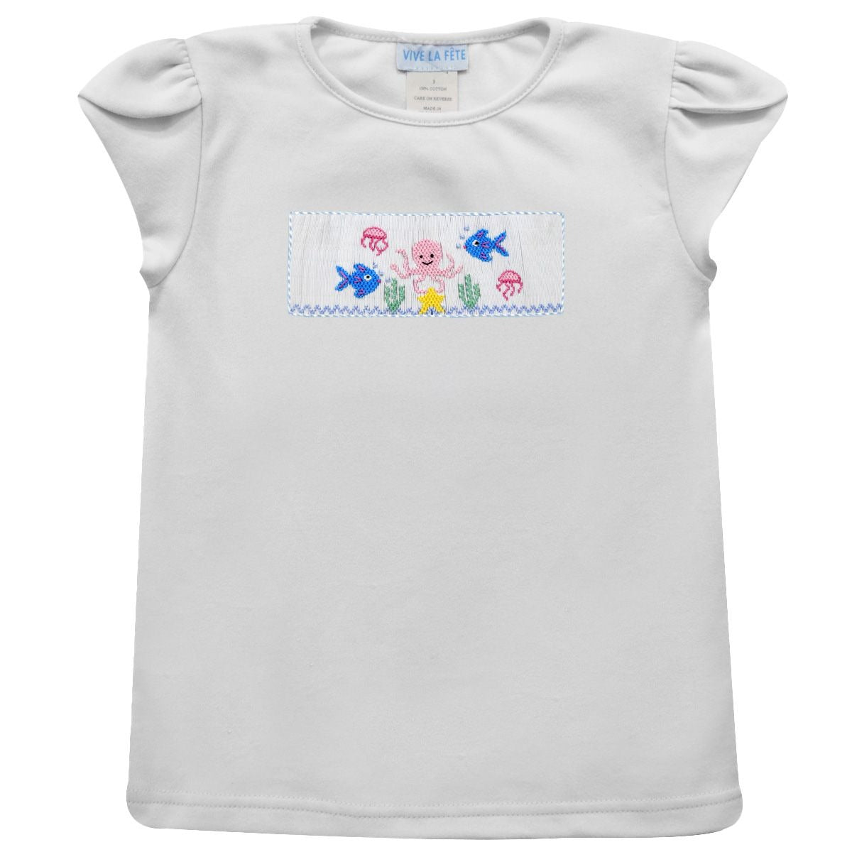 Vive La Fete Under the Sea Smocked White Tulip Sleeve Top