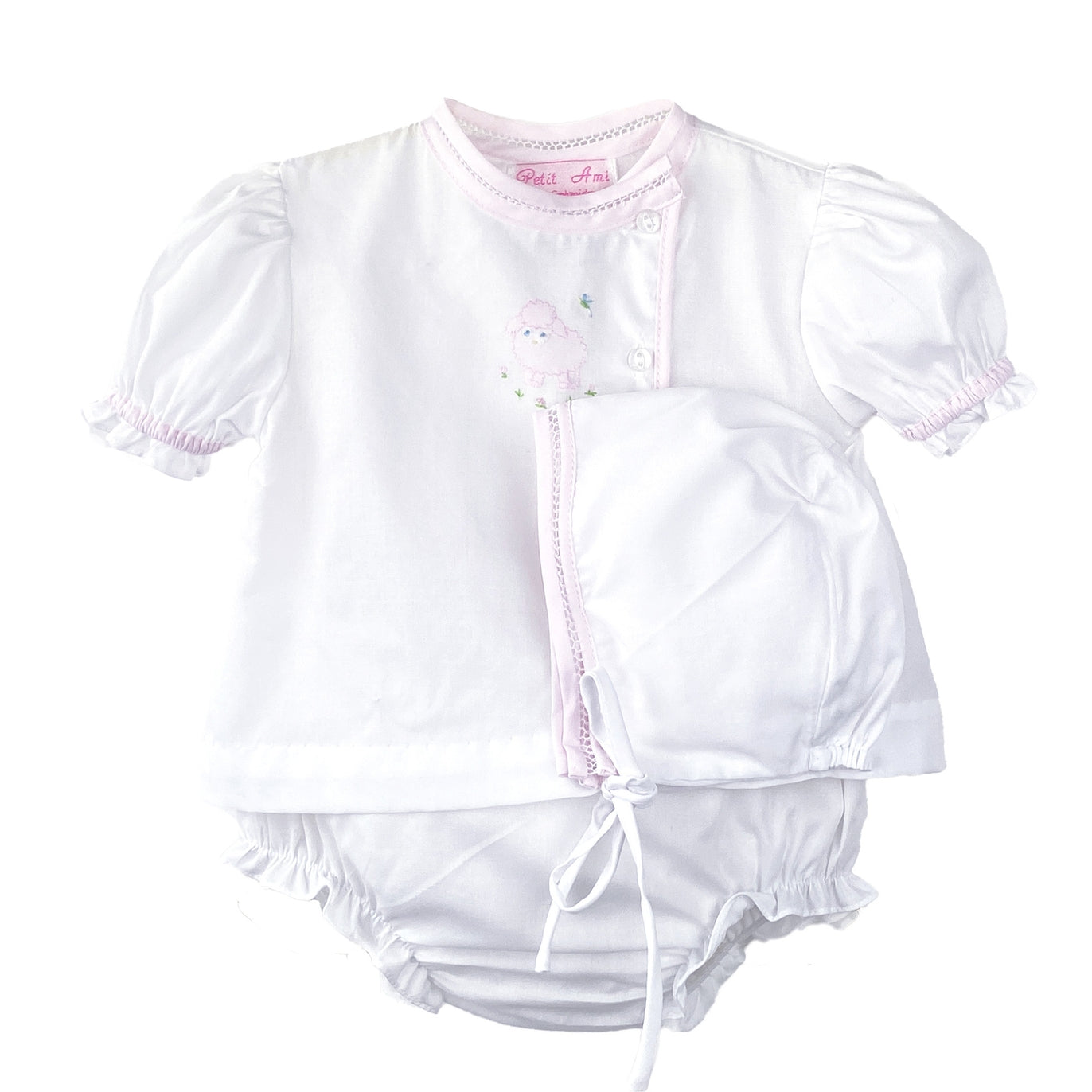 Petit Ami Shadow Stitch Pink Lamb Diaper Set