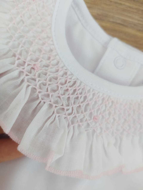 Tecomoabesos Smocked Collar Bodysuit, White with Pink