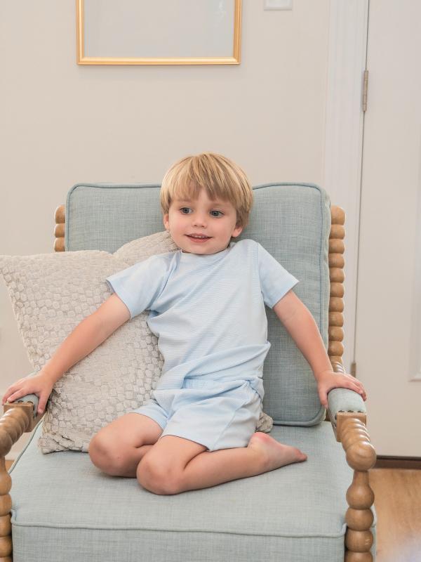 Milly Marie Short Sleeve Pima Short Set, Light Blue Mini Stripe