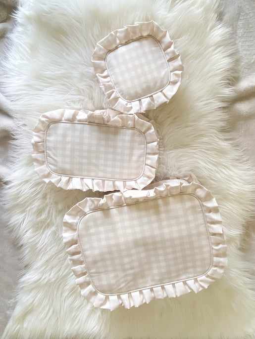 Loki Gingham Ruffle Pouch, Beige XL
