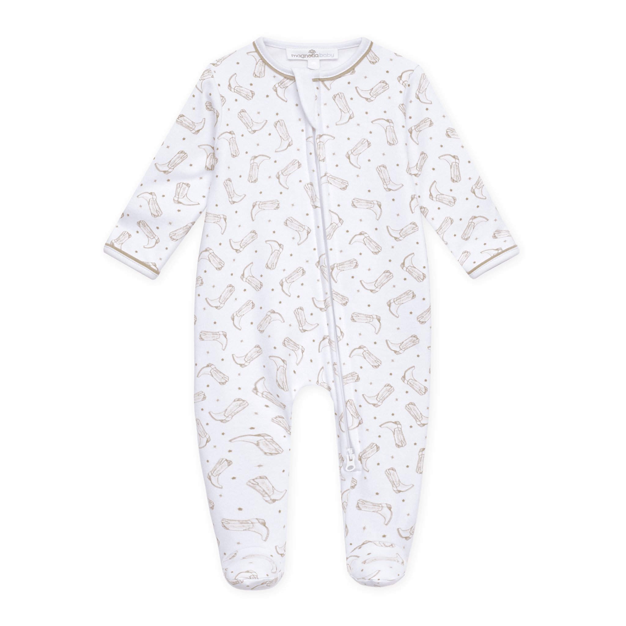 Magnolia Baby Darling Cowboy Boots Print Zip Footie, Ivory