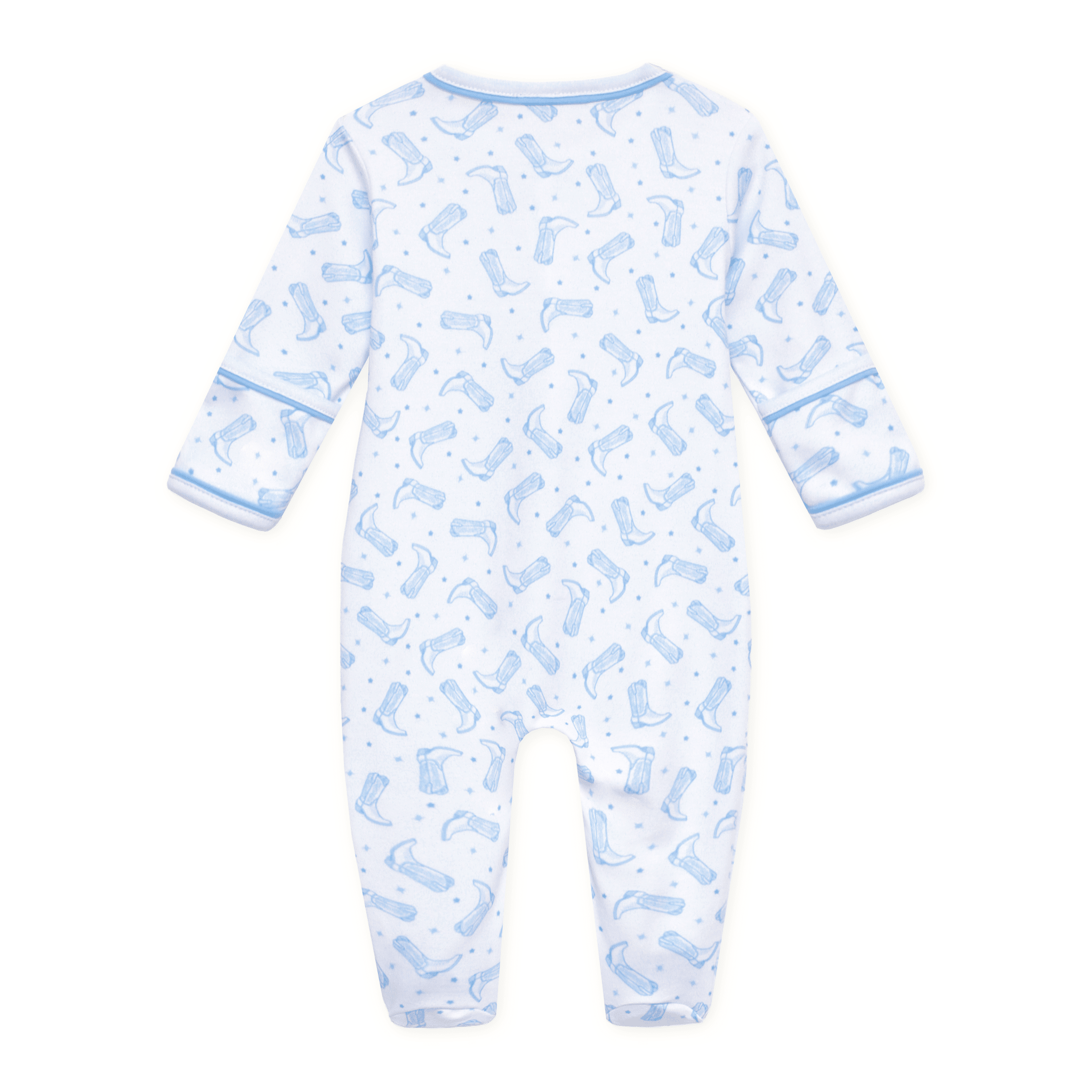 Magnolia Baby Darling Cowboy Boots Print Zip Footie, Light Blue