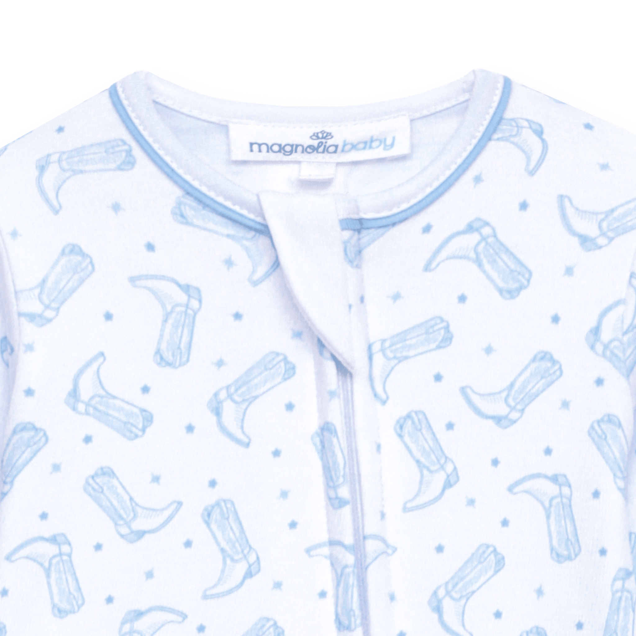 Magnolia Baby Darling Cowboy Boots Print Zip Footie, Light Blue